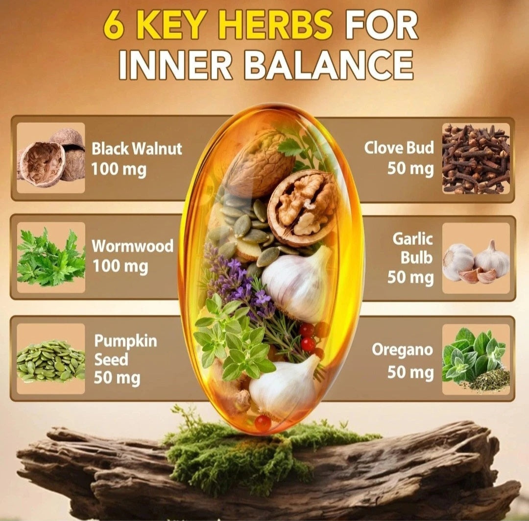 Infographic on 6 key herbs for inner balance with images and names of each herb.