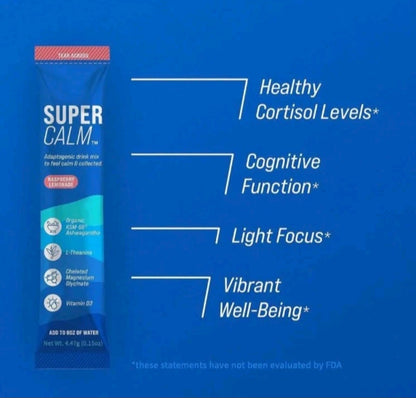 Super Calm supplement package with health benefits listed on a blue background