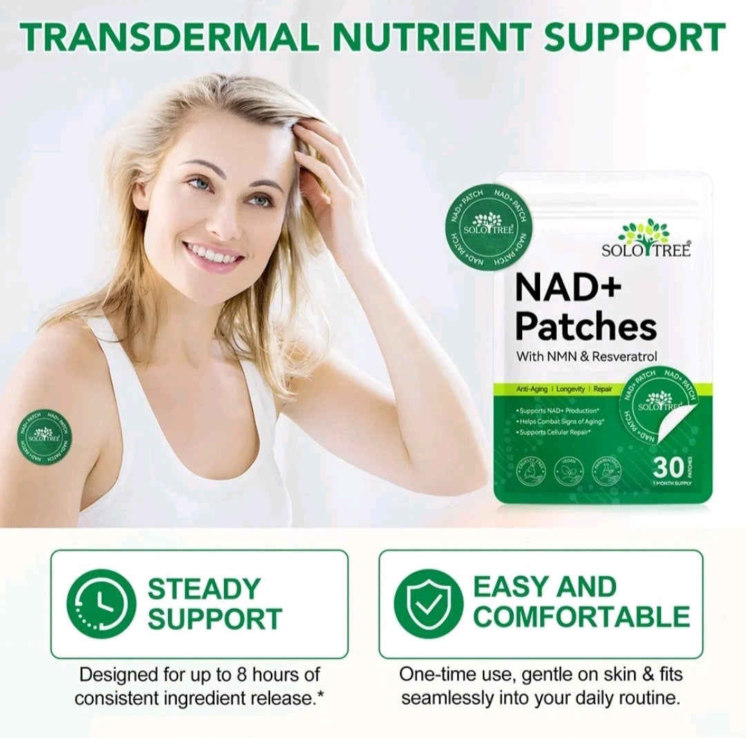 Woman with NAD+ patches on her arm, featuring Solotree NAD+ Patches packaging.