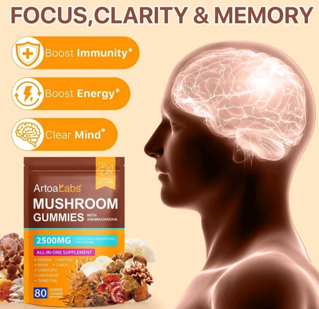 Mushroom gummies packaging with brain illustration and text on focus, clarity, and memory.