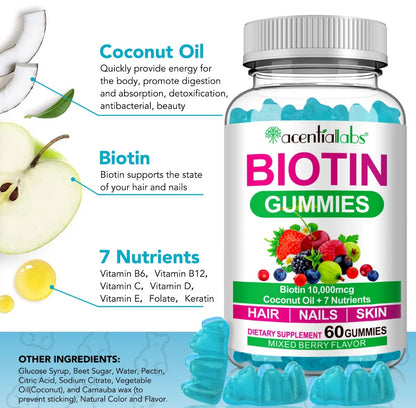 Bottle of Acentra Labs Biotin Gummies with nutritional information and ingredients on a white background.