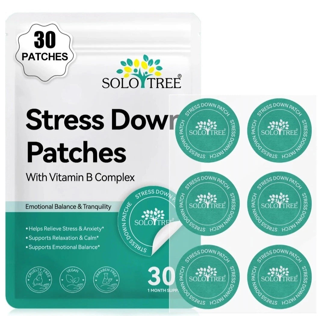 Package of Solo Tree Stress Down Patches with Vitamin B Complex on a white background