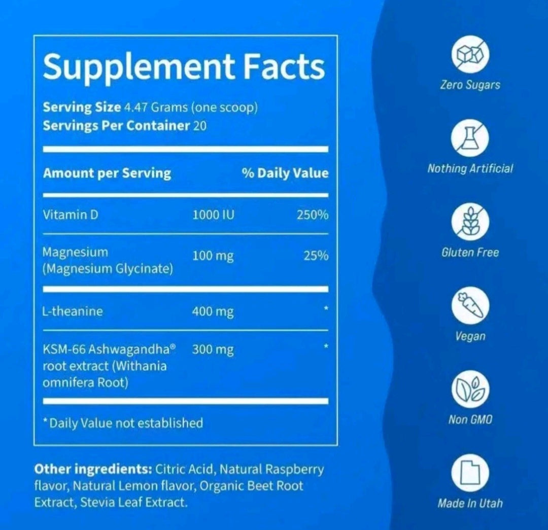 Supplement facts label with various health benefits on a blue background
