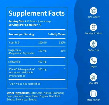 Supplement facts label with various health benefits on a blue background