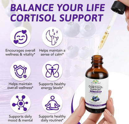 Supplement bottle labeled 'Cortisol Support' with dropper and wellness icons on a purple background