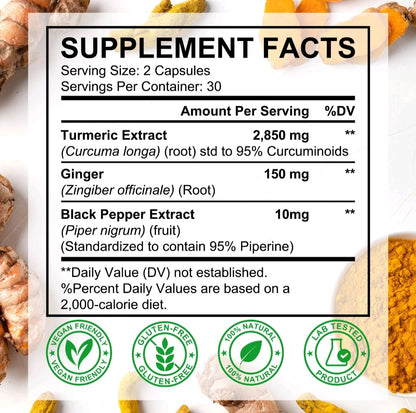 Supplement facts showing turmeric extract, ginger root and black pepper extract with curcuminoids and piperine