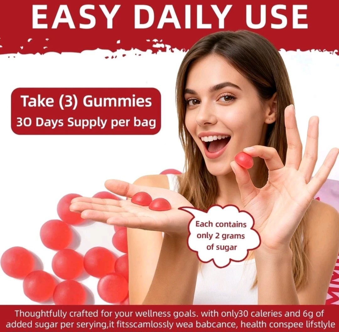 A promotional graphic for red gummy candies showing a smiling woman holding and eating red gummies, with text overlays reading 'EASY DAILY USE', 'Take (3) Gummies, 30 Days Supply per bag', and 'Each contains only 2 grams of sugar'.