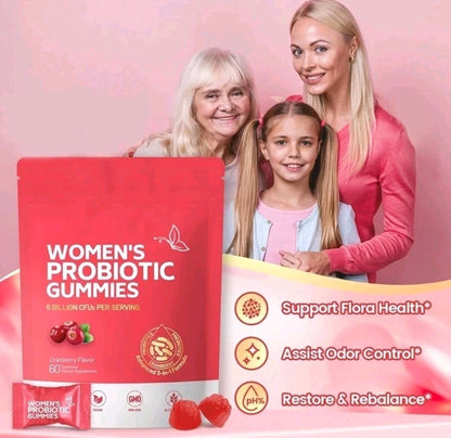 Product packaging of Women's Probiotic Gummies with a family on a pink background