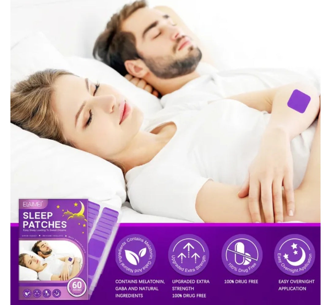 Man and woman lying down with sleep patches on, product packaging displayed.