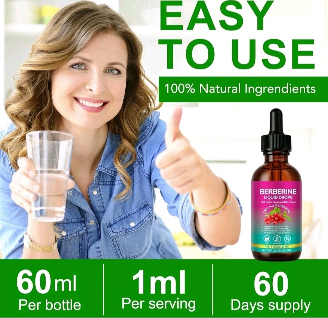 Woman holding a glass with a bottle of Berberine Liquid Drops, emphasizing ease of use and natural ingredients.