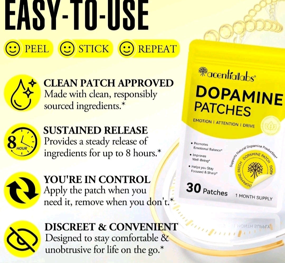 Acanthalabs Dopamine Patches packaging with features listed on a white background