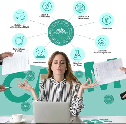 Woman meditating with a laptop, surrounded by green circles with text and a logo on a light blue background.