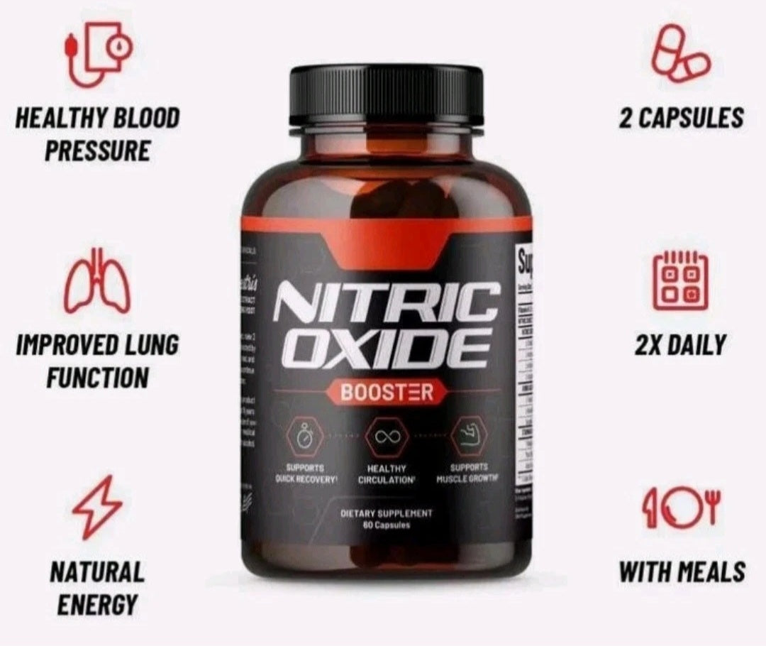 Nitric oxide booster supplement bottle with health benefits on a white background