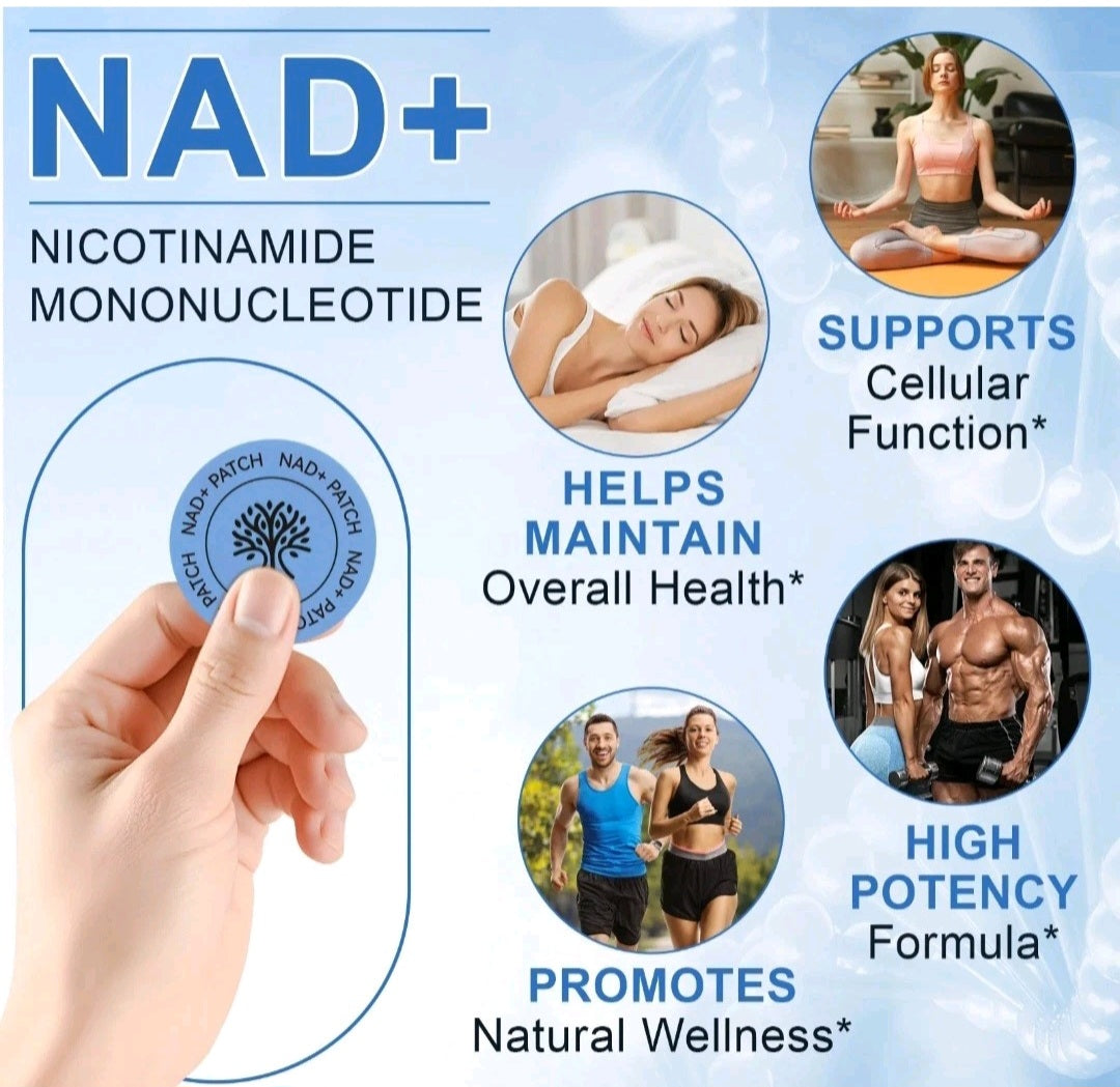 Advertisement for NAD+ supplement with images of people and text about its benefits.