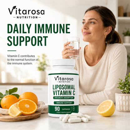 Woman at a table with Vitarosa Liposomal Vitamin C, fresh oranges and a glass of water