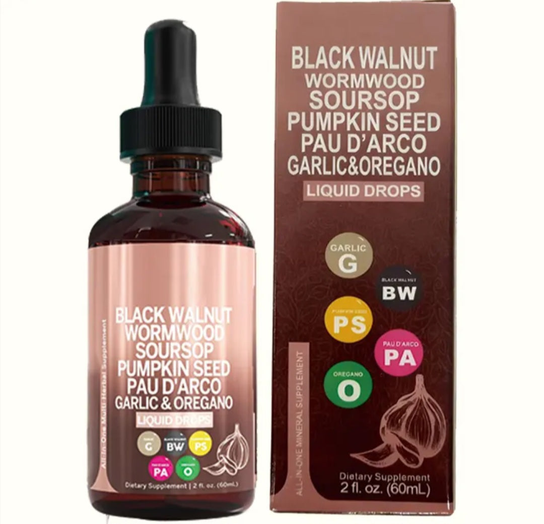 A dark amber glass dropper bottle and its matching brown cardboard box for a liquid supplement called Black Walnut Wormwood Soursop Pumpkin Seed Pau D'Arco Garlic & Oregano. The bottle and box feature a metallic rose gold label and packaging design with colorful circular badges indicating ingredients.