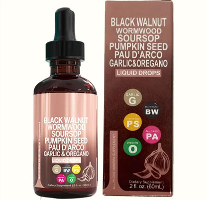 A dark amber glass dropper bottle and its matching brown cardboard box for a liquid supplement called Black Walnut Wormwood Soursop Pumpkin Seed Pau D'Arco Garlic & Oregano. The bottle and box feature a metallic rose gold label and packaging design with colorful circular badges indicating ingredients.