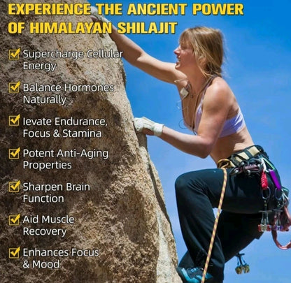 Person climbing a rock face with promotional text about Himalayan Shilajit benefits.