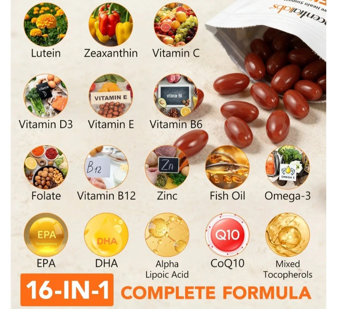 A collage-style product graphic showing a white bag of brown capsules with several capsules spilled out on a light beige background. Surrounding the product are circular food and supplement icons labeled Lutein, Zeaxanthin, Vitamin C, Vitamin D3, Vitamin E, Vitamin B6, Folate, Vitamin B12, Zinc, Fish Oil, Omega-3, EPA, DHA, Alpha Lipoic Acid, CoQ10, and Mixed Tocopherols, plus an orange banner reading '16-IN-1 COMPLETE FORMULA'.