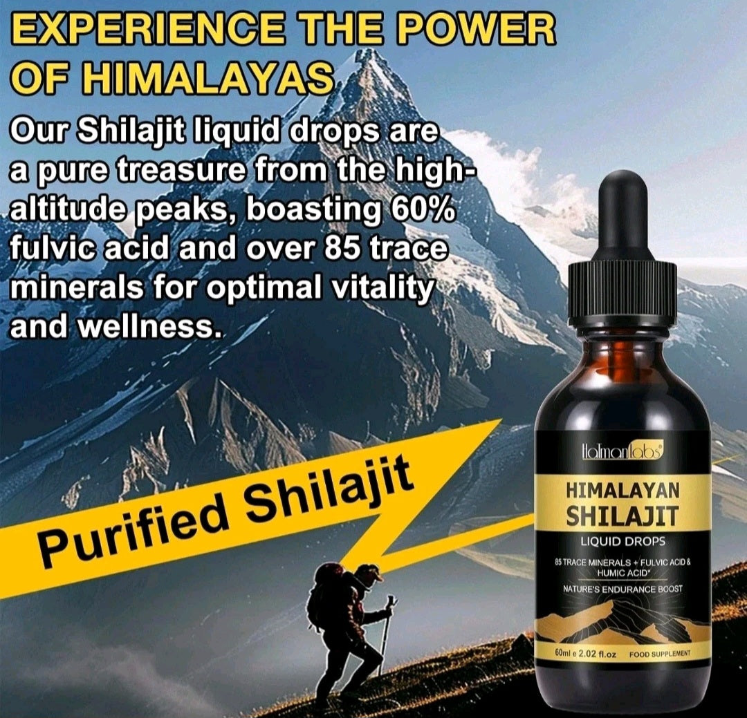 Himalayan Shilajit liquid drops bottle with mountain background and promotional text.