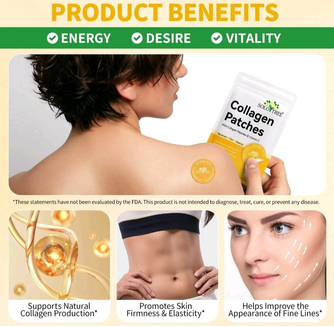 Collagen patches product with benefits listed on a beige background