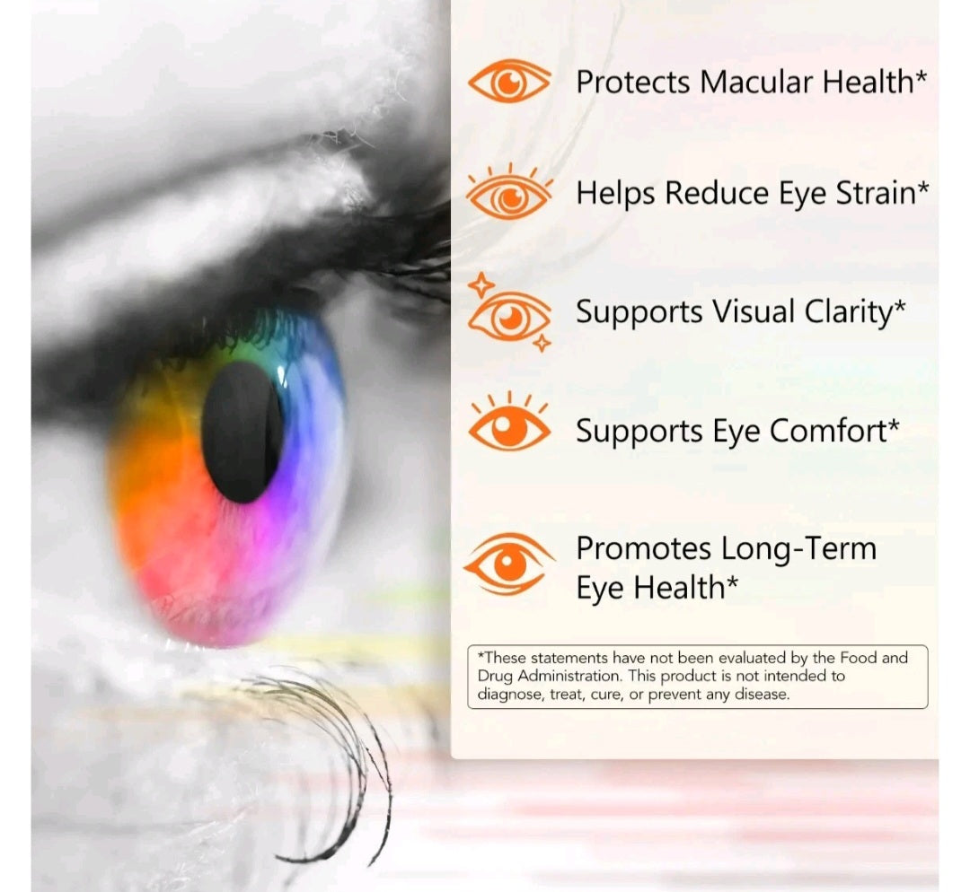 An informational graphic with a close-up of a human eye on the left and a text panel on the right listing benefits: protects macular health, helps reduce eye strain, supports visual clarity, supports eye comfort, and promotes long-term eye health.