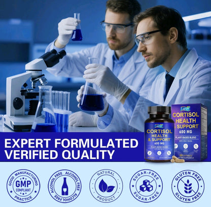 Lemn Cortisol Support bottle and box beside laboratory imagery and quality badges