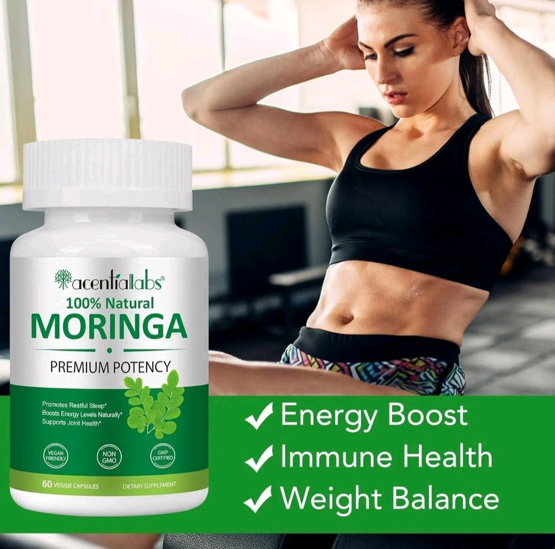 Bottle of Acentra Labs Moringa supplement with a woman exercising in the background