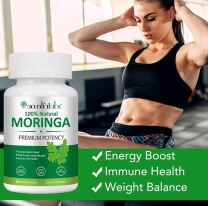 Bottle of Acentra Labs Moringa supplement with a woman exercising in the background