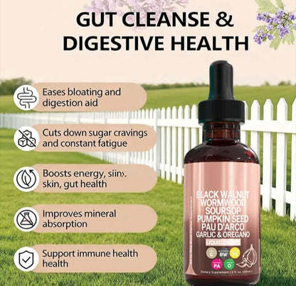 An amber glass dropper bottle labeled 'Black Walnut Wormwood Soursop Pumpkin Seed Pau D'Arco Garlic & Oregano' shown against a grassy field with a white picket fence, with marketing text reading 'Gut Cleanse & Digestive Health' and feature callouts on the left.