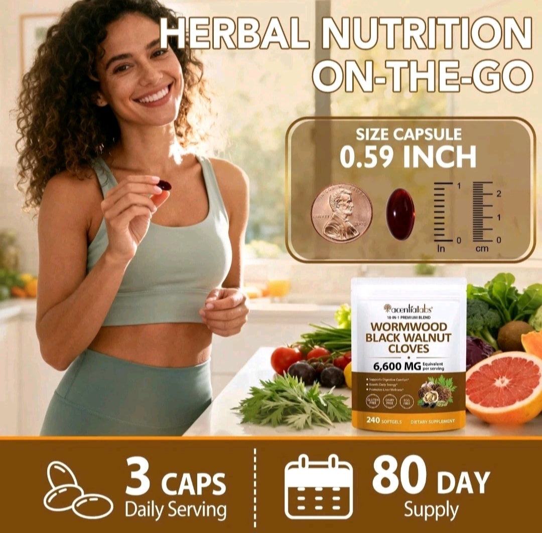 Woman holding a supplement capsule with product packaging and text about herbal nutrition on-the-go.