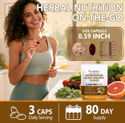 Woman holding a supplement capsule with product packaging and text about herbal nutrition on-the-go.