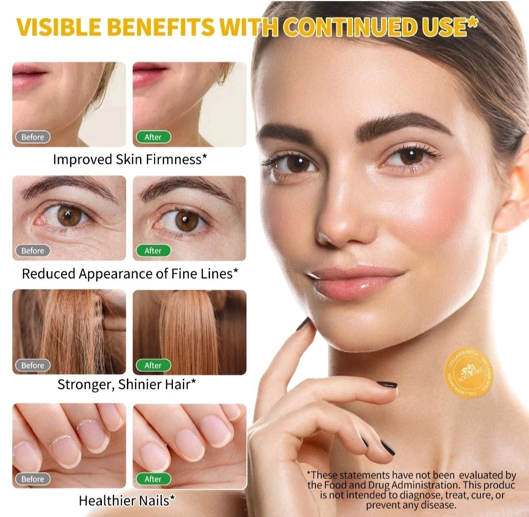 Advertisement showing before-and-after effects of a skincare product on skin, hair, and nails with text about visible benefits.