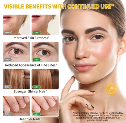 Advertisement showing before-and-after effects of a skincare product on skin, hair, and nails with text about visible benefits.