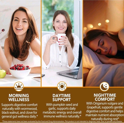 Three scenes of a woman in different settings with text about morning wellness, daytime support, and nighttime comfort.