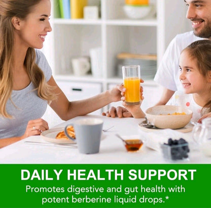 Family at a table with a glass of orange juice, promoting daily health support with berberine liquid drops.