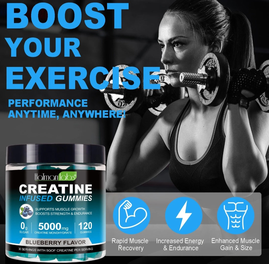 Woman lifting weights with a supplement container labeled 'Hollman Labs Creatine Infused Gummies' on a dark background.