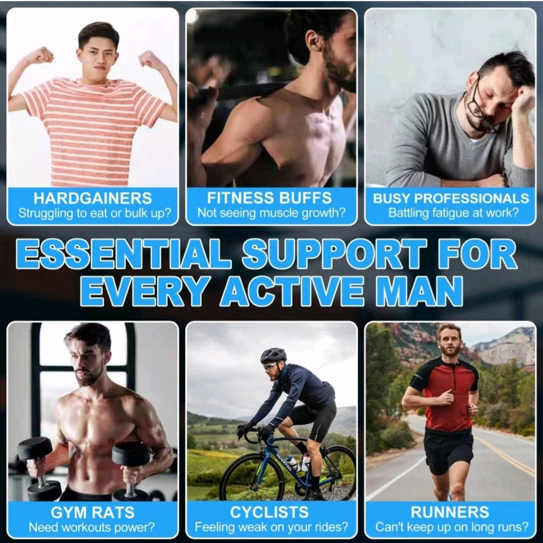 Collage of men with different fitness challenges and 'Essential Support for Every Active Man' text.