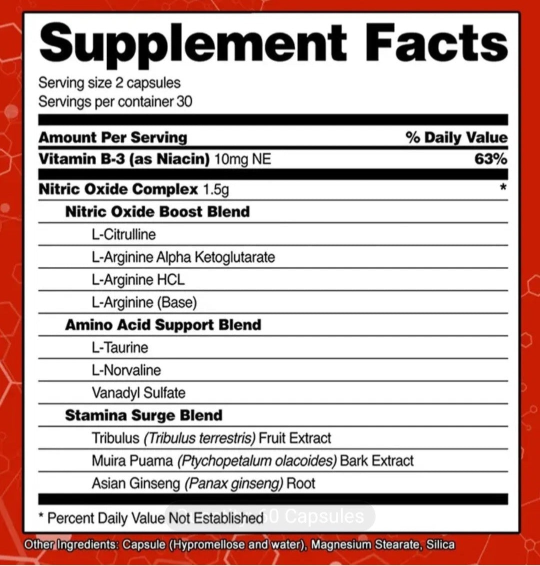 Nitric Oxide Booster supplement facts panel listing niacin, amino acids and botanical blend ingredients.
