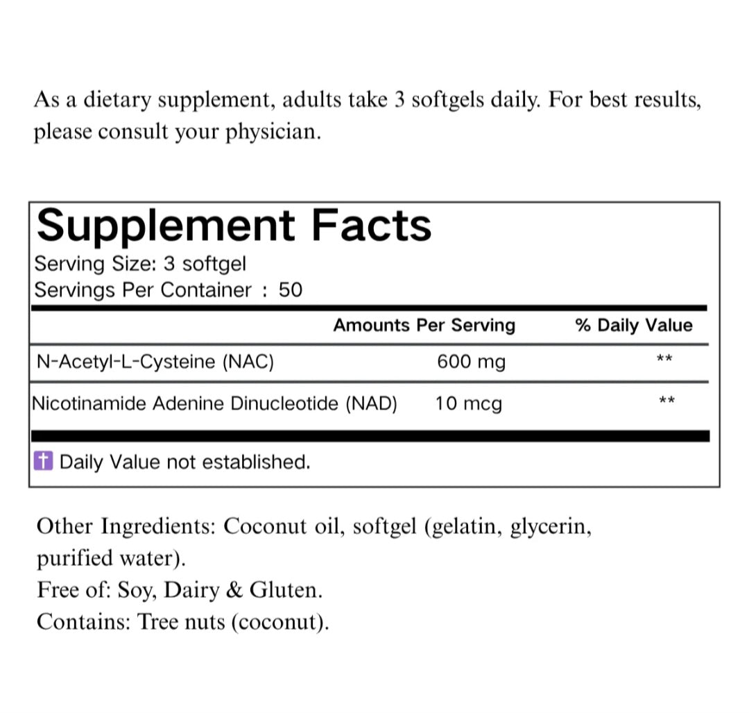 NAC and NAD+ supplement facts panel with softgel ingredients and intake information.