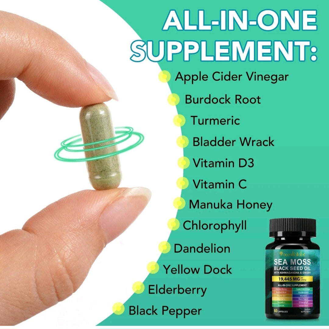 Supplement capsule held by a hand with a list of ingredients on a green background