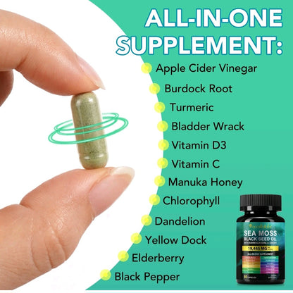 Supplement capsule held by a hand with a list of ingredients on a green background