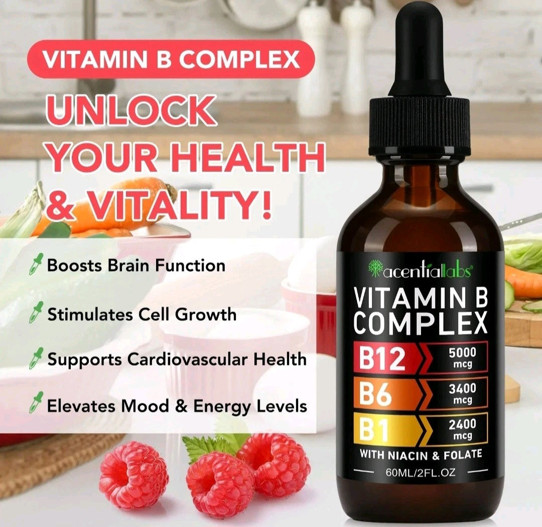 Vitamin B complex bottle with dropper on a kitchen counter, surrounded by fruits and vegetables.