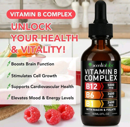 Vitamin B complex bottle with dropper on a kitchen counter, surrounded by fruits and vegetables.
