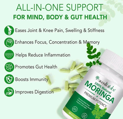 Moringa supplement bottle with health benefits listed on a white background
