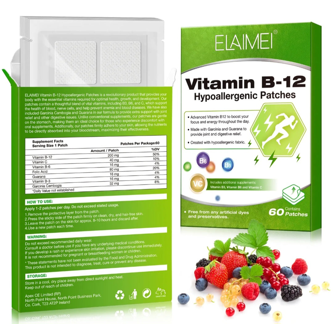 Elaimei Vitamin B-12 Hypoallergenic Patches packaging with ingredients displayed.