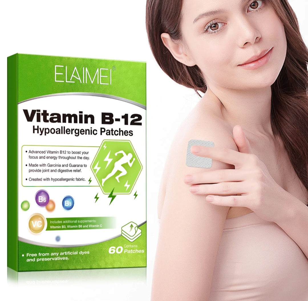 Vitamin B-12 patches with ELAIMEI packaging and a woman applying a patch.