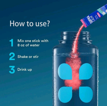 Supplement powder being added to a bottle with usage instructions on a blue background