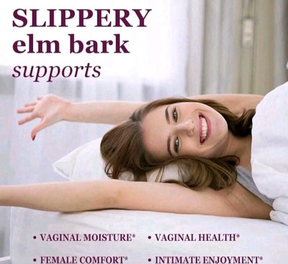 Woman lying on a bed with text about slippery elm bark benefits