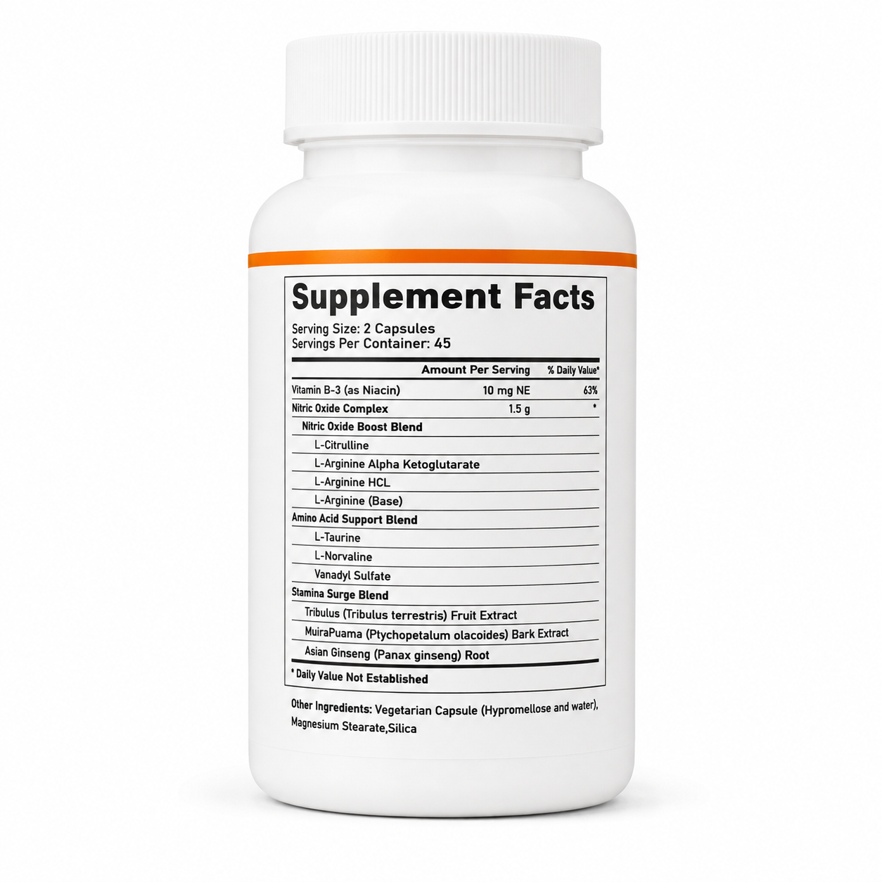 Vitarosa Nitric Oxide Booster supplement facts showing 1.5g complex per serving